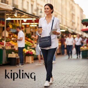 Kipling Navy Crossbody Bag Multi-Pocket Adjustable Strap Travel Everyday Purse